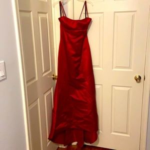 Gorgeous deep red, satin, skinny strap, mermaid dress w/ small train. Size 10